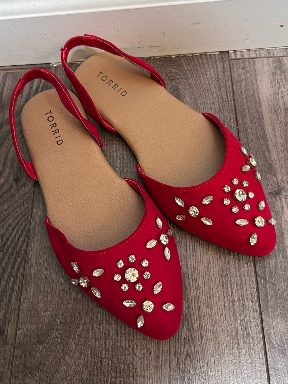 Torrid Embellished Slingback Rhinestone Red Flat Wide Width Shoes 7.5